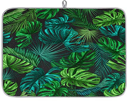 Alfombra de secado de platos de hojas verdes para mostrador de cocina de 18 x 24 pulgadas, plantas tropicales de microfibra secas, protector reversible absorbente para platos, extra grande