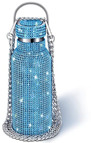 Diamant-Wasserflasche mit Strasssteinen, Edelstahl, nachfüllbar, isoliert, Glitzer-Wasserkrug mit Kette, für Damen und Mädchen, Geschenke (750 ml, Blau)