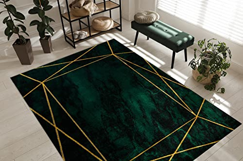 rugsx Tapis Exclusif Emerald Tapis Glamour, Tapis élégant, pour Le Salon, la Chambre à Coucher, Le Bureau, Le Dressing, Géométrique, Vert Bouteille/Or 180x270 cm