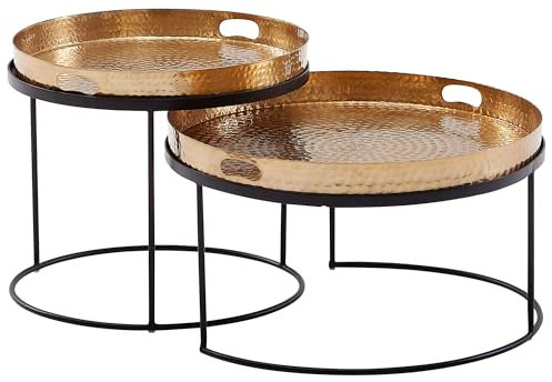 Wohnling Couchtisch 2er Set Gold/Schwarz Metall Hammerschlag Satztisch Rund, Sofatisch abnehmbares Tablett, Tabletttisch Sofa 2 teilig Modern, Runder Beistelltisch