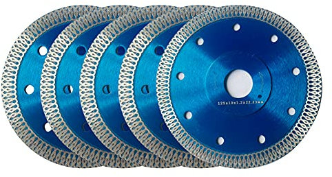 Disque Diamant 125mm, Lot de 5 Disque à Tronçonner Diamanté Ø125 x 1,2 mm x 22,23 mm, pour Meuleuse d'angle, Coupe de Porcelaine, Carrelage, Granit, Marbre, Céramique, Béton Renforcé, Bleu