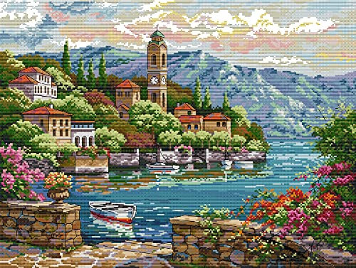 Awesocrafts Kreuzstich Stickpackungen Vorgedruckt Uhrturm am Meer Bilder Vorlagen Sticken Set Vorgedruckt 14CT 2 Stränge