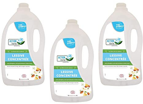 ACTION VERTE Lot de 3 bidons 5 l lessive liquide concentrée 142 lavages Ecocert amande et coing