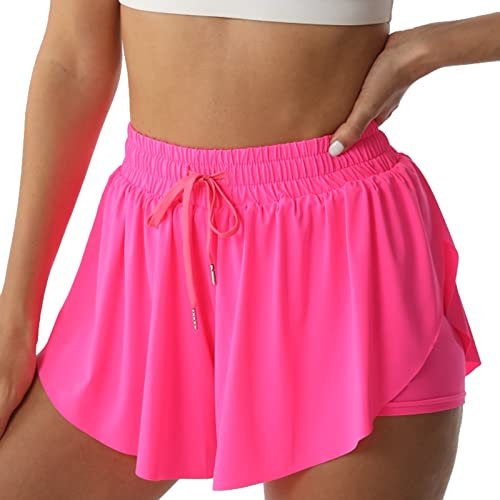 Flowy Athletic Short Confortable de Course, de Tennis, Style Papillon, Double Couche, séchage Rapide; pour Femmes, Rose Vif, Taille XS