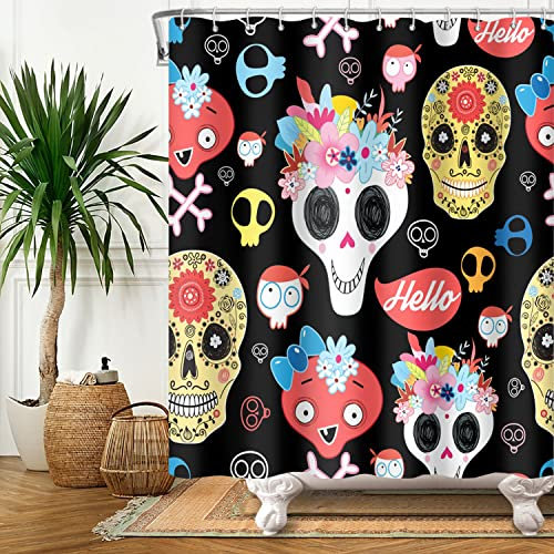 SDOTPMT 122x183cm Gothique Sucre Crâne Rideau de Douche Drôle Dessin animé Squelette Fleur Rideau de Bain Jour des Morts Mexique Noire Rideau de Baignoire Étanche pour Salle de Bain avec Crochets
