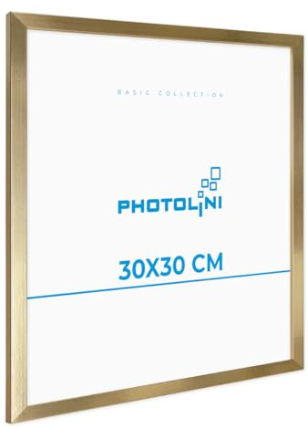 PHOTOLINI Bilderrahmen 30x30 Gold MDF-Holz Poster-Bilderrahmen quadratisch 30x30, bruchsicheres Acrylglas, zum Aufhängen, extra Zubehör - für Fotos & Poster