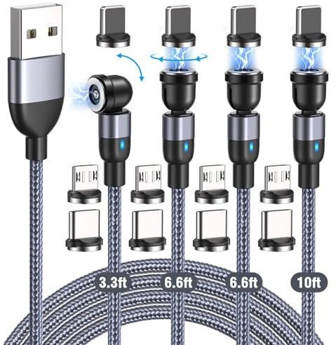 Vattud Magnetic Charging Cables 4-Pack (3.3ft/6.6ft/6.6ft/10ft), 540° Rotating Phone Charger, 3-in-1 Nylon Braided USB Cable for Type C, Micro USB