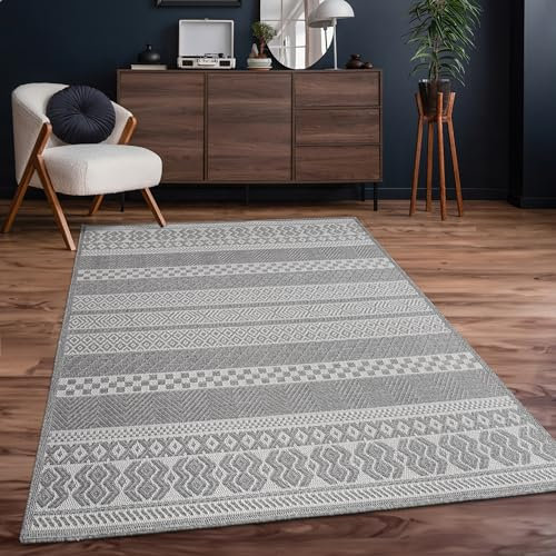 Paco Home Outdoor Teppich Flachgewebe Modern Boho-Style wetterfest & UV-beständig Ideal für Terrasse Balkon Wohnzimmer & Küche, Grösse:200 cm Quadrat, Farbe:Grau 4