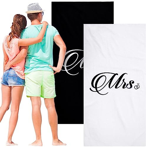 Oudain Strandtuch, Aufschrift Mr and Mrs, 180 x 89 cm, Brautpaar mit Aufschrift Just Married, übergroßes Brautpaar, Handtücher, für Sie und Ihn, Strand, Hochzeit, Flitterwochen, Reisegeschenke