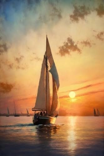 Acryl-Bild 40 x 60 cm: Segelboot auf dem Meer bei Sonnenuntergang. Malerei im Vintage-Stil. (200711983)