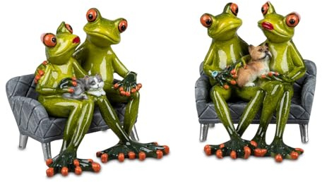 formano 2er Set Froschpaar mit Haustier auf Sofa lustige Frösche 15x12 cm Figur Dekoration Handbemalt Kunststein Skulptur Froschhausen