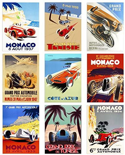 Artery8 Collection of Vintage Grand Prix Adverts Monaco Set of 9 Unframed Wall Art Prints Bathroom Bedroom Aesthetic Auto Motor Car Racing A4