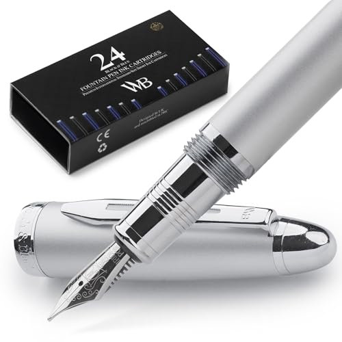 Wordsworth & Black Majesti Füllfederhalter (Silber), luxuriöse Hülle, 24 Karat Gold-Finish, mittlere Feder 18 Karat – Tintenpatronen, nachfüllbarer Tintenkonverter – Kalligraphie-Stift