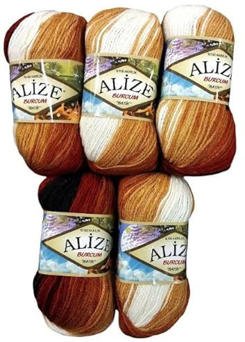 5 x 100 Gramm Ilkadim Export Burcum Batik Wolle mehrfarbig mit Farbverlauf, 500 Gramm Acryl Strickwolle bunt (braun weiss grau 2626)