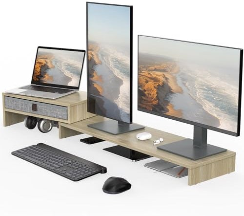 Fenge Dual Monitor Stand With Drawer - 2 Shelf Riser With Adjustable Length and Angle, Wood Stand for 2 Monitors, Laptop PC, Computer, Printer, Desktop Organizer, Oak