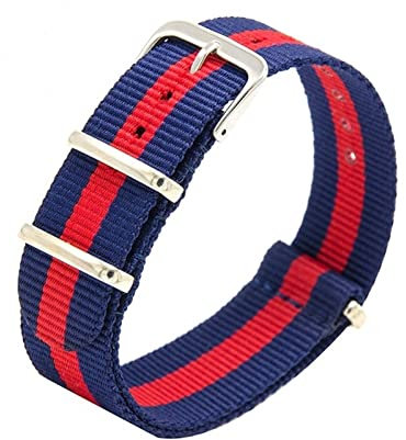 BONOOL Strapazierfähiges Nylon-Canvas-Armband, 18 mm, 20 mm, 22 mm, gestreift, modisches Ersatz-Uhrenarmband, Nylon, passend für NATO-Armband, Uhrenarmband (Farbe: Blau, Rot, Größe: 22 mm)