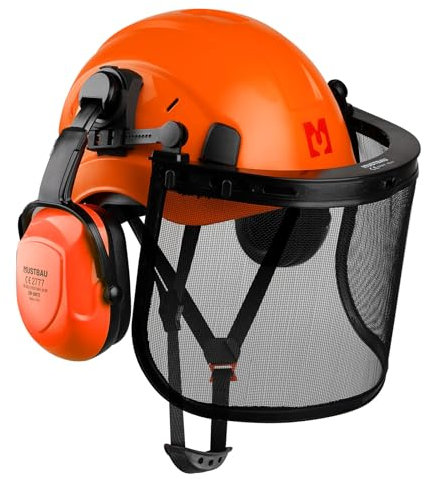 Mustbau Kettensägen-Schutzhelm, Schutzhelm mit Gehörschutz und Netzvisier, 53 bis 63 cm Verstellbarer Kopfumfang Geeignet für Forstwirtschaft, Baustelle, Arbeit - Orange