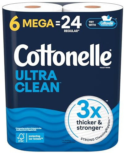 Cottonelle Ultra Clean Toilet Paper, 6 Mega Rolls = 24 Regular Rolls, Packaging May Vary