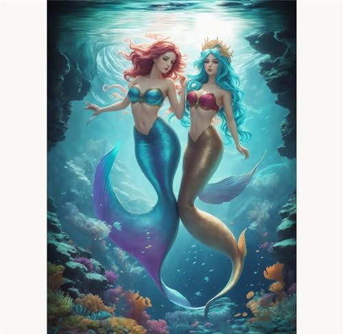 TWYYDP 1000 Teile Puzzle für Erwachsene,Unterwasser 2 Meerjungfrauen-Mädchen-Fantasie Holzpuzzle,Puzzle-Geschenk