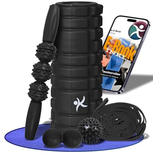 FlexRoll 5in1 Faszienrollen Set Wirbelsäule & Ganzkörper (33x13cm) [3D Tiefenmassage] Massagerolle Yogarolle Rückenrolle Faszienball Duoball Mittelfest für Rücken Beine Nacken Oberschenkel… | Schwarz