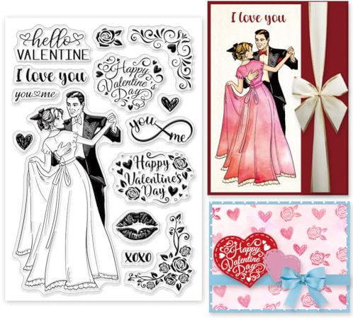 INFUNLY Transparente Stempel Zum Valentinstag Tanzendes Paar Stempel Zum Basteln von Karten Liebesherz Silikonstempel Lippenblume Transparente Gummistempel Für DIY Scrapbooking Fotoalbum Dekor