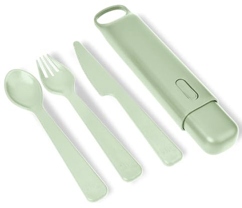 eKu Upcycle Cutlery Set of 3 - Knife, Fork & Spoon Made from 100% Upcycled Materials - Portable Travel Case for Lunchboxes, Picnics, Camping, & More - BPA Free, Recyclable, Dishwasher Safe - Sage