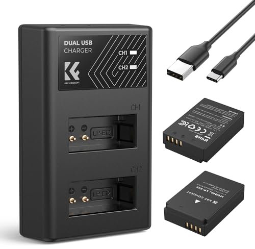 K&F Concept Canon LP-E12 Lot de 2 batteries pour appareil photo avec chargeur double slot Compatible avec appareils photo M2/M200/M50/M100/M10/100D