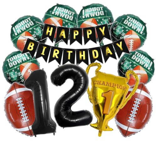 XXL American Football Set + Zahlenballon 12 Schwarz Rugby Ball Sport 12 Party Motto Folienballons Deko Dekoration Superbowl 12 Geburtstag Ballon Feier 12 Birthday deco (Set + Zahl 12)