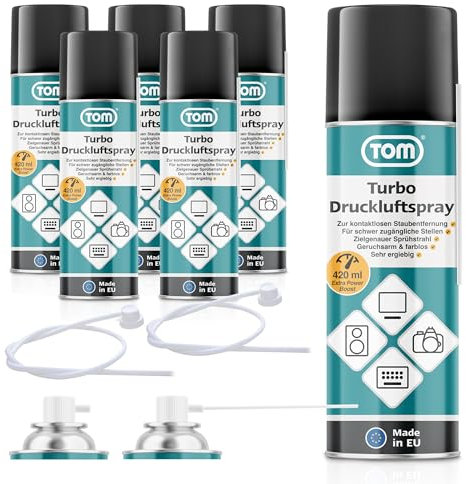 TOM 3 x oder 6 x 420 ml Power Druckluftspray – Air Duster – Reinigungsset mit 10 cm & 50 cm Sprühverlängerung – Druckluft aus der Dose – Reiniger für Tastatur, Laptop, Computer & co (6)