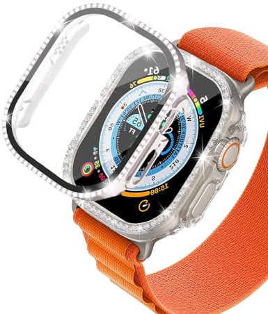 DEALELE Confezione da 2 custodie in vetro temperato compatibile con Apple Watch Series Ultra 2 / Ultra (49 mm), custodia protettiva con diamanti a fila singola con pellicola protettiva (49 mm, luce