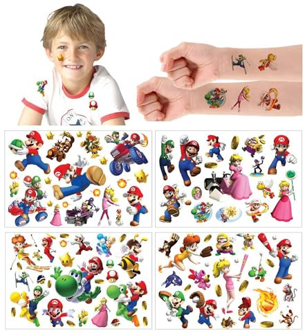 Temporäre Tattoo Set Kinder Tattoos für Mario,4 Blätter Kindertattoos Aufkleber Stickers für Geschenktüten Kindergeburtstag Mitgebsel Mädchen Jungen