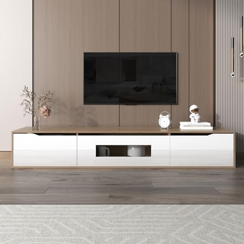 BTM Meuble TV Blanc Brillant avec Lumière LED, Meuble TV Moderne avec Trois Cabinets, Porte Haute Brillance, Meuble Télé Suspendu pour Salon, 180x30x30 cm, Blanc