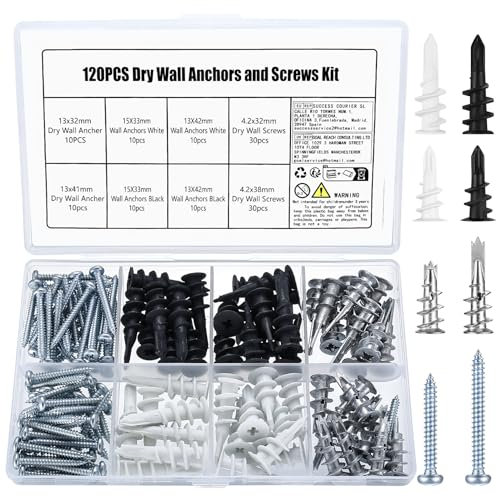 120 Pcs Tornillos y Taco de Metal para Placas de Yeso: 60 Tacos Autoperforantes para Cartón Yeso + 60 Tornillos para Fijación de Pared, Taco de Nailon para Hormigón Placas de Yeso Paneles de Yeso