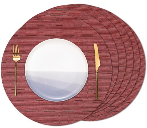 Banchif Tischsets Rund, Tischsets Abwaschbar 6er Set Platzdeckchen PVC Rund rutschfest Platzsets Abwischbar Gewebte Vinyl Platzsets Durchmesser 38 cm, Rot