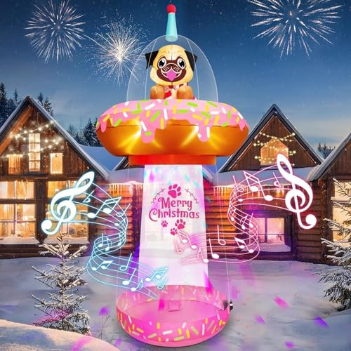 9,5 Fuß Aufblasbares Weihnachts UFO mit Musik, Kalolary Aufblasbarer Weihnachts Donut von mit Hund Aufblasbare Weihnachtsdekoration für Drinnen und Draußen für Haus, Rasen, Garten, Weihnachtsfeier