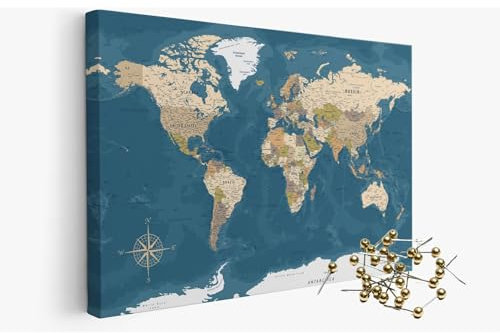 framed concept | Weltkarte mit Pinnnadeln | Handgefertigte Wanddekoration mit 50 goldenen Pins | Einzigartige Geschenkidee