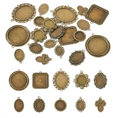 Craftdady 20 Pcs Alloy Pendant Cabochon Bezel Settings Tibetan Style Trays Pendant Blank Base Cabochon Setting for Jewelry Making DIY Earring Necklace
