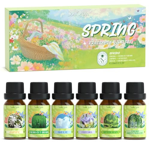 SoulOrigin Spring Fragrance Oils Set, Fragrance Oil Set for Home Oil Diffusers, Scented Oils for Soap Candle Making 6x10ml - Freesia, Fresh Grass Cutting, Jasmine, Breeze