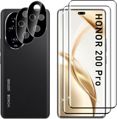Lutree pour Honor 200 Pro Verre Trempé, 2+2 Pièces 3D Protection écran+ Caméra Arrière Protecteur Film (Noire), 9H Dureté HD Anti-Rayures Sans Bulles Film 3D Vitre Trempé Protecteurs d'écran