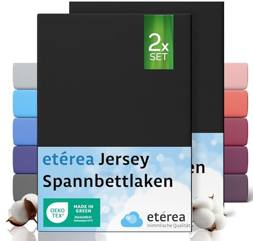 etérea Jersey 2er Set Spannbettlaken 140x200cm - 160x200cm Schwarz bis 25 cm Höhe - 100% Baumwolle Spannbetttuch Oekotex - Doppelpack Bettlaken 140x200 cm - 160x200 cm - Black