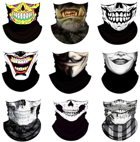 UBERMing 9 Stück Schlauchschal Multifunktionstuch Totenkopf Gesichtsmaske, Outdoor Funktionstücher Bandana Motorrad Maske Skull, Halbe Sturmhaube Atmungsaktiv Herren Damen für Ski Laufen Halloween
