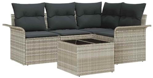 vidaXL 5-teiliges Garten-Sofa-Set mit Kissen in Hellgrau, aus Poly-Rattan. Modulares Sitzmöbel für draußen, perfekt für die Terrasse. Wetterfestes Loungemöbel für den Garten.