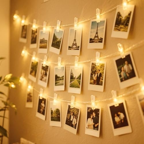 Luci per Foto, 12M Lucine LED Decorative per Camere Filo con Mollette 60 Clip, Luci LED a Batteria per Parete Camera Natale Feste Matrimonio Compleanni - Bianco Caldo