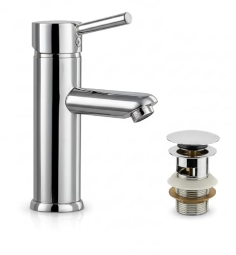 MAKA Rubinetto Bagno Lavabo con Piletta, Miscelatore Monocomando Lavabo, Rubinetto Lavandino Moderno in Ottone Cromato, Rubinetteria Completa Elegante e Resistente per Bagno e Bidet (Altezza 16.5 cm)