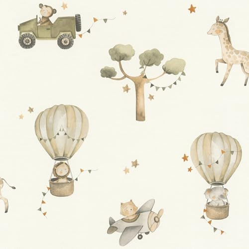 Rasch Kids World Collection 302011 Non-Woven Wallpaper with Safari Animals in Green and Beige