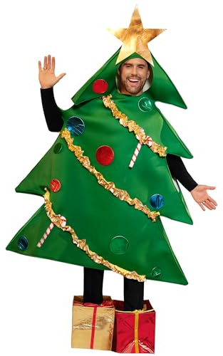 Mainfini Christmas Tree Costume Complete Set with Gift Box Shoes Full Body Green Fir Tree Outfit Holiday Party Cosplay Fun One Size