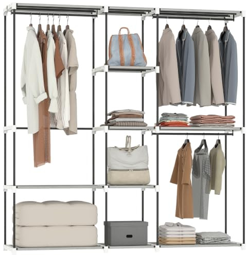 HOMCOM Kleiderschrank, Kleiderständer, 182x43x185 cm, Offener Kleiderschrank mit 8 Kleiderböden, Hängestangen, Metallrahmen, für Schlafzimmer, Wohnzimmer, Ankleidezimmer, Hellgrau