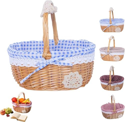 Weidenkorb mit Griff, gewebte Weiden-Aufbewahrungskörbe für Partys und Picknicks im Freien, kleine Weidenkörbe mit Griff für Geschenke und Heimdekoration, Rotkäppchen-Stil Korb (blau)