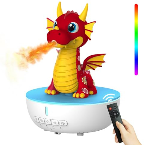 Aroma Diffuser Kinder Drache, 200ml Ultraschall Luftbefeuchter mit Flammen-Effekt, Timer & Fernbedienung, White Noise Einschlafhilfe, 7 Farben Licht, Duftzerstäuber für Ätherische Öle & Schlafzimmer