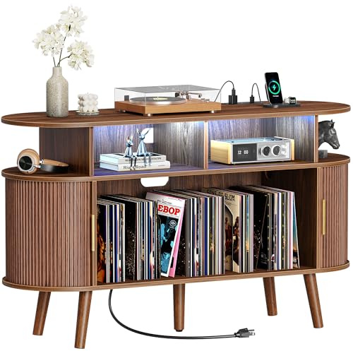PRAISUN 47.2 Inch Large Record Player Stand with Power Outlets & 3-Color Lights, Vinyl Record Stand with 2 Fluted Cabinets, USB-C Port, Mid Century Modern Player Stand, Open Storage, Walnut